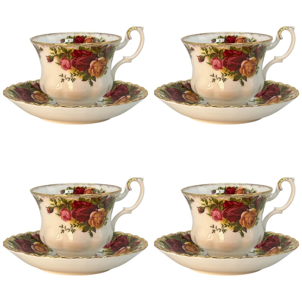 Royal Albert Old Country Roses Teacup & Saucer Set of 4 Floral Gold Bone China